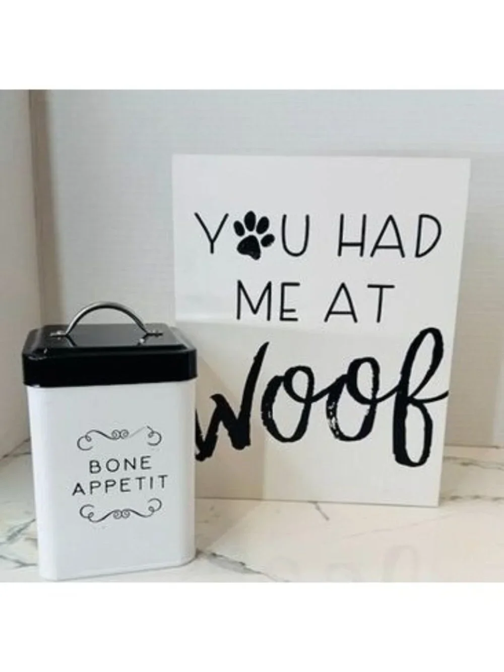 Dog lovers!  Woof signage and lidded treat can, man's best friend, treats,